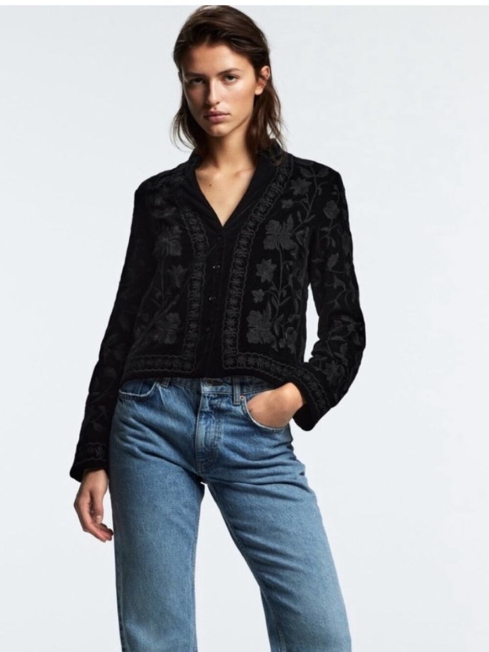 Zara Black Velvet Floral Embroidered Blazer Jacket M